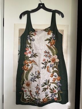 FARM Rio Nature Sand Mini Dress Green Floral Bird Print 100% Linen M NWT